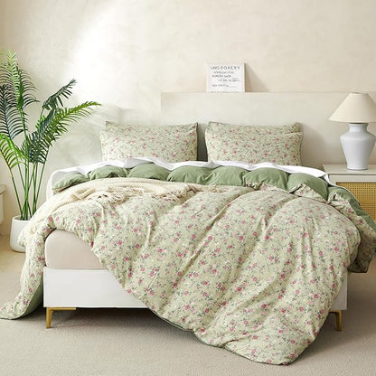 Floral Comforter Queen Set 3 Pieces Soft Cute Fresh Floral Bedding Lightweight Garden Style Floral Botanical Comforter for All Seasons and 2 Pillowcases