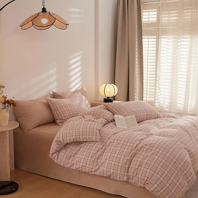 HighBuy Cute Pink Gingham Comforter Set Twin XL Grid Plaid Comforter Set 3 Pieces Soft Fluffy Checkered Pattern Comforter with 2 Pillowcases Teen Girls Farmhouse Gingham Bedding Set Twin XL