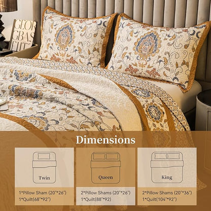 Bohemian Queen Size Quilt Comforter Sets 3 Pieces Quilts (1 Quilt, 2 Pillow Shams) Nordic Bedding Set Printed Coverlet with Pillowcase Lightweight Bedspread Set for All Seasons(Yellow)