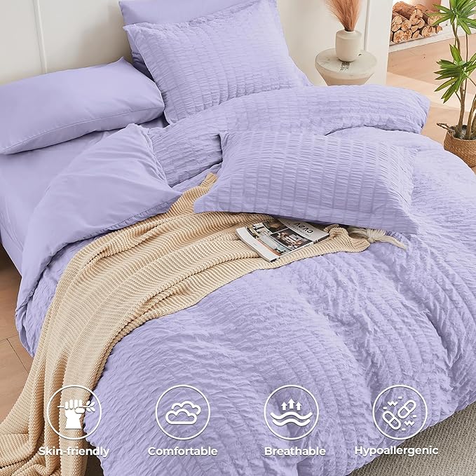 HYMOKEGE Light Purple California King Comforter Set Seersucker 7 Pieces, All Season Luxury Bed in a Bag for Bedroom, Bedding Set with Comforter, Sheets, Pillowcases & Shams