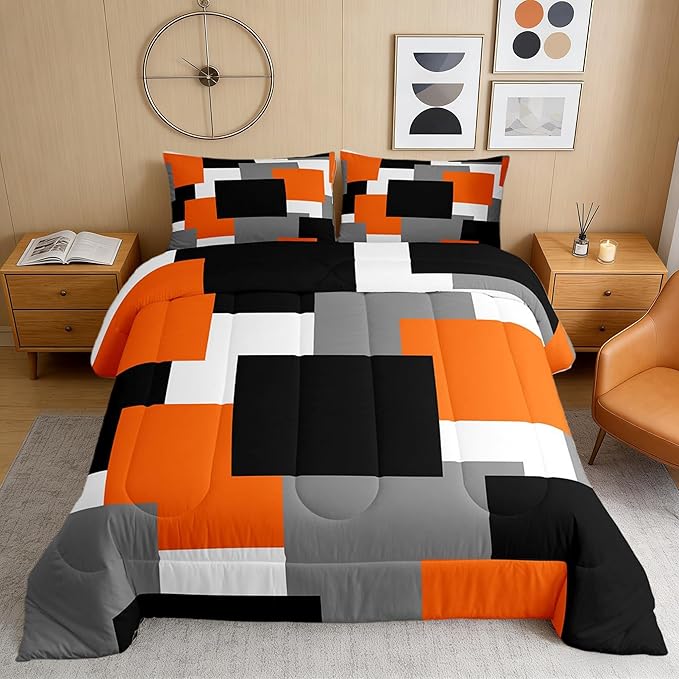 Castle Fairy Modern Abstract Art Kids Comforter Set King Size,Geometric Grid Square Splicing Down Alternative Adults Bedroom Decor,Orange Grey Black Ultra Soft Microfiber Inner Fill 3Pcs Bedding