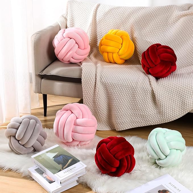Namalu 2 Pcs Soft Knot Pillow Ball, Decorative Round Throw Knotted Pillows Cushion, Handmade Stuffed Ball Pillows for Winter Bedroom Sofa Couch Home Decor(7.87 Inches,Wine Red)