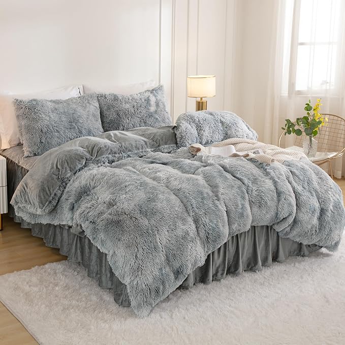 Andency Faux Fur Tie-Dyed Grey White Comforter for Queen Size Bed, 3 Pieces Fluffy Fuzzy Plush Bedding Comforter Set (1 Shaggy Velvet Comforter & 2 Pillowcases), Soft Puffy Bedding Set