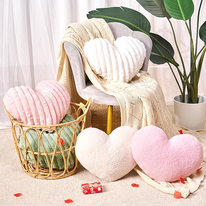 Pink Heart Pillow Decorative Throw Pillows, Fuzzy Heart Shaped Pillow for Bed Couch Chair, Faux Fleece Cute Love Pillow Cushion for Room Decor, Valentines Day, 15" x 13"