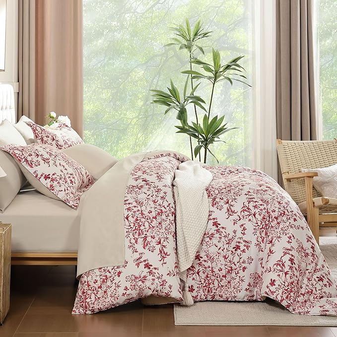 WONGS BEDDING Floral Queen Size Comforter Set, 8 Pieces Christmas Red Flower Botanical Comforter for All Seasons, Bed in a Bag Elegant Plants Bedding Sets (90"x90")