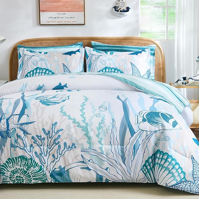 WONGS BEDDING Coastal King Size Comforter,7 Pieces Beach Nautical Themed Bed in a Bag Bedding Set,Ocean Coral Seashell Pattern Soft Warm Comforters for All Season, 104"x90"
