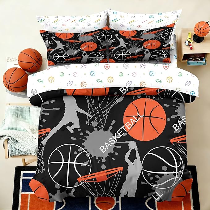 Bodhi Basketball Kids Bedding Sets,Twin Size Basketball Comforter Sets for Boys,5 Pcs Kids Sports Basketball Bedding Sets,Bed in A Bag (1 Comforter,1 Flat Sheet,1 Fitted Sheet,2 Pillowcases)