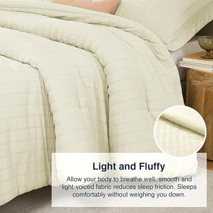 Cream Oversized Queen Comforter Set - 3 Pieces Seersucker Lightweight Bedding Comforter Sets (1 Soft Fluffy Comforter & 2 Pillowcases) - All Seasons Cozy Farmhouse Bed Sets for Women Men
