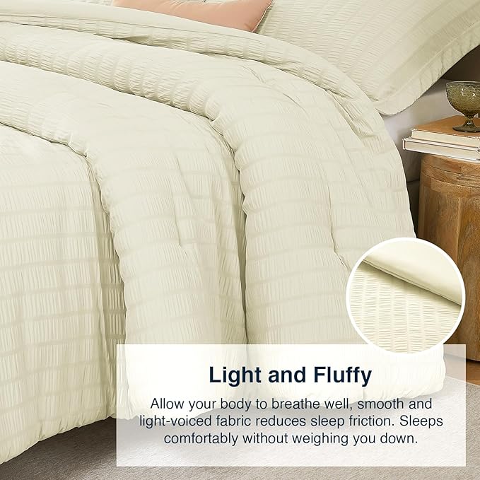 Cream Twin/Twin XL Comforter Set - 2 Pieces Seersucker Lightweight Bedding Comforter Sets (1 Soft Fluffy Comforter & 1 Pillowcase) - All Seasons Cozy Modern Bed Sets for Women Men