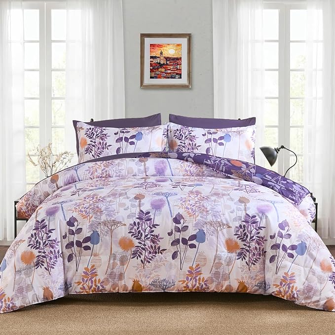 Anibedding Full Size Comforter Set, Purple Botanical Bed in a Bag Complete Set with Sheet Pillowcase for Kid's Bedroom All Season