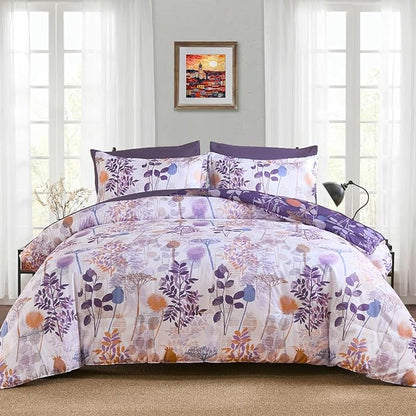 Anibedding Full Size Comforter Set, Purple Botanical Bed in a Bag Complete Set with Sheet Pillowcase for Kid's Bedroom All Season