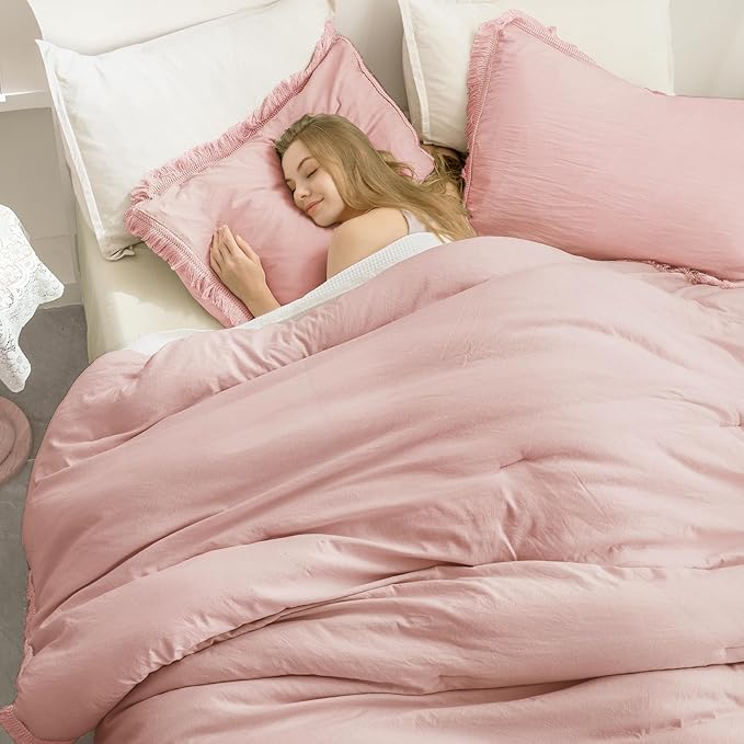 Andency Pink Comforter Set Queen Size for Girls, Blush Boho Women Tassel Lightweight Bedding Comforter Sets, 3 Pieces All Season Soft Fluffy Fringe Bed Set (90x90In Comforter & 2 Pillowcases)