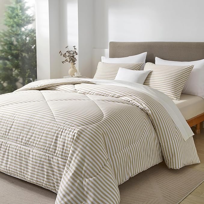 mixinni Tan Striped Comforter Set Queen Size - Beige Stripes Pattern Bed Set for All Season, 3 Pieces Lightweight Bedding Comforter Sets for All Seasons (1 Soft Fluffy Comforter + 2 Pillowcases)