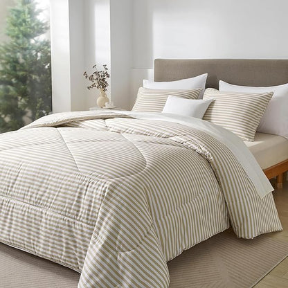 mixinni Tan Striped Comforter Set Twin XL Size - Beige Stripes Pattern Bed Set for All Season, 3 Pieces Lightweight Bedding Comforter Sets for All Seasons (1 Soft Fluffy Comforter + 2 Pillowcases)