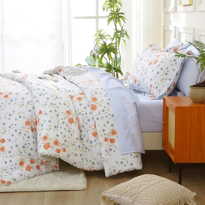 MUXHOMO Orange Blossom Full Comforter Set, Elegant Floral Print Bed in a Bag 7 Pieces, Ultra Soft & Breathable Reversible Botanical Pattern Bedding Set with Comforter, Sheets, Pillowcases, and Shams