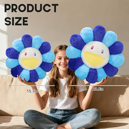 Flower Pillow,Colorful Flower Shaped Throw Pillow,Smiley Face Floor Cushions,Cute Sunflower Plush Pillows,Cute Plushie Room Decor,Valentines Day Decorative Pillows for Bed,Couch,Sofa,Car (Blue,15.7In)