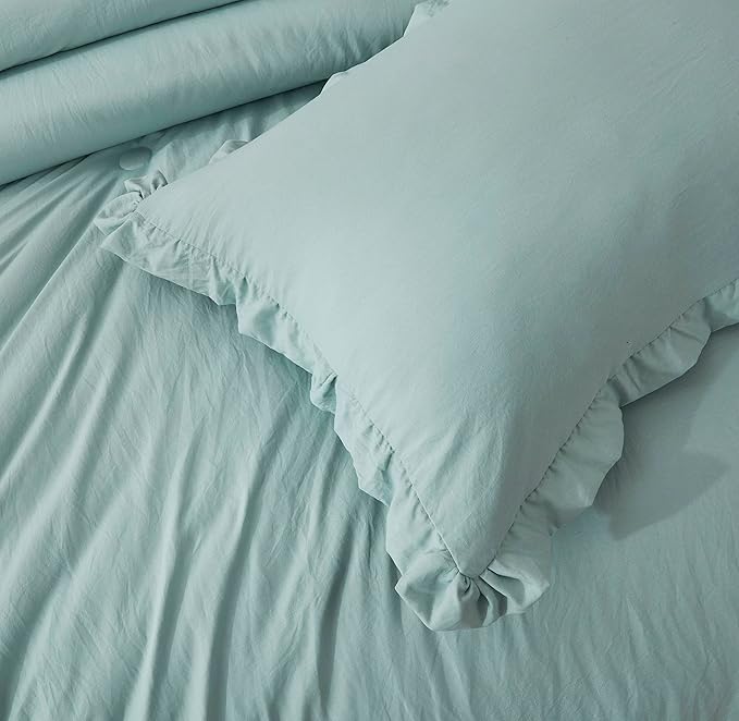 Chezmoi Collection Nora Aqua Comforter Set Full Size 3-Piece Fluffy Soft Lightweight Bedding Ruffled Edge Trim Stone-Washed Microfiber Comforter Set for All Season
