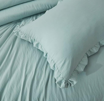Chezmoi Collection Nora Aqua Comforter Set Full Size 3-Piece Fluffy Soft Lightweight Bedding Ruffled Edge Trim Stone-Washed Microfiber Comforter Set for All Season