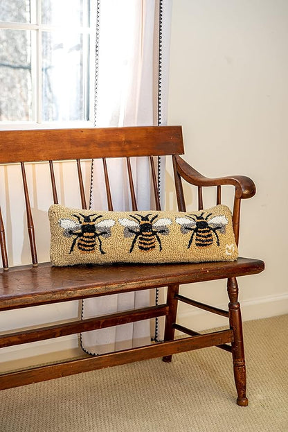 Chandler 4 Corners Artist-Designed Bumblebee Hand-Hooked Wool Decorative Throw Pillow (8 in x 24 in) Farm & Garden Pillow for Couches & Beds - Low Maintenance Nature Queen Bee, Honey Bee Home Décor