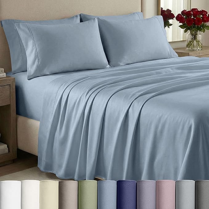 California Design Den King Sheets Set - 1000 Thread Count Sateen, Thick and Natural 100% Cotton Bed Sheet Set, Deep Pockets, Durable Bedding - Blue