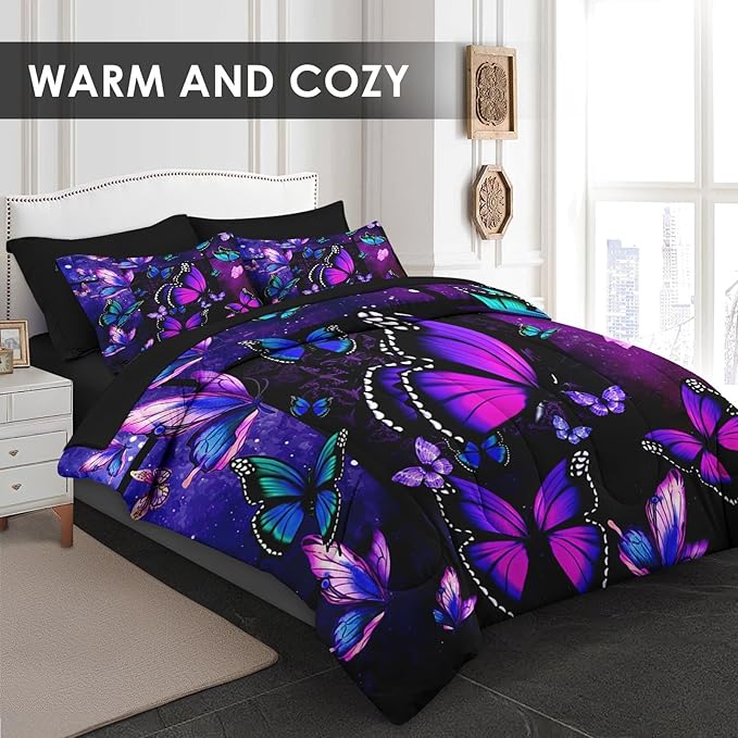 Comforter Set Twin Size, Summer Purple Butterfly 5 Pcs Bedding for Kids and Adults, Vintage Galaxy Space Bed Sheet Sets with Fitted Sheet Pillowcase & Sham for Bedroom Bed Decor