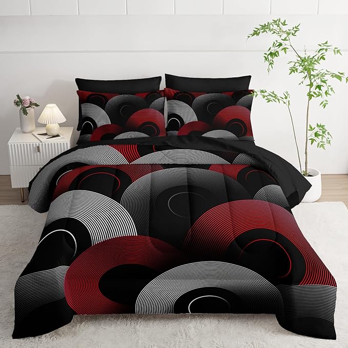 7 Piece Black and Red King Comforter Set Geometric Pattern，Geometric Bedding Set Boys，Geometric Bedroom Decor，(1 Comforter, 1 Flat Sheet, 1 Fitted Sheet, 2 Pillowcase and 2 Pillow Sham)