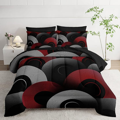 7 Piece Black and Red King Comforter Set Geometric Pattern，Geometric Bedding Set Boys，Geometric Bedroom Decor，(1 Comforter, 1 Flat Sheet, 1 Fitted Sheet, 2 Pillowcase and 2 Pillow Sham)