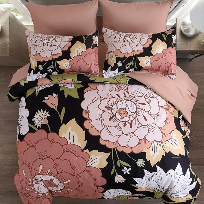 DJY 7 Pieces Black Floral Comforter Set Queen Size Blush Pink Botanical Bed in a Bag, Soft Microfiber Boho Farmhouse Bedding Floral Comforter with Sheets Set for All Season (90''x90'')