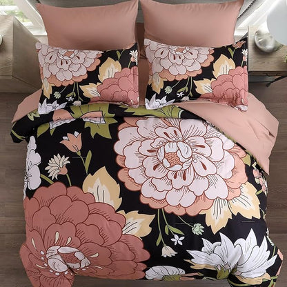 DJY 7 Pieces Black Floral Comforter Set King Size Blush Pink Botanical Bed in a Bag, Soft Microfiber Boho Farmhouse Bedding Floral Comforter with Sheets Set for All Season (104''x90'')