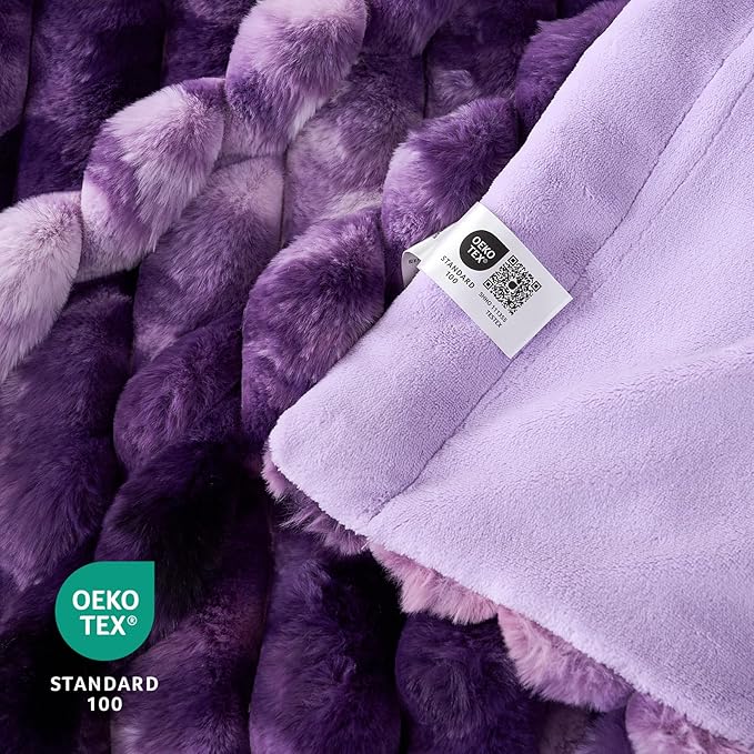 Cozy Bliss Faux Fur Throw Blanket for Couch, Cozy Warm Plush Striped Blanket for Sofa Bedroom Living Room, 50 * 60 Inches Tie-dye Purple