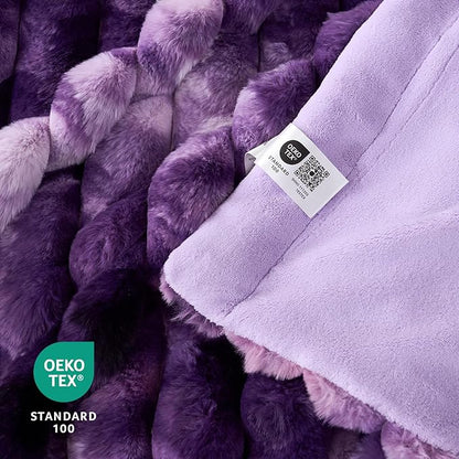 Cozy Bliss Faux Fur Throw Blanket for Couch, Cozy Warm Plush Striped Blanket for Sofa Bedroom Living Room, 108 * 90 Inches Tie-dye Purple