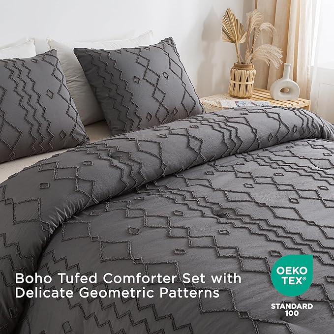 Andency Dark Gray Tufted Comforter Set King(104x90Inch), 3 Pieces(1 Tufts Comforter, 2 Pillowcases) Boho Textured Farmhouse Bed Set, Microfiber Down Alternative Geometric Bedding