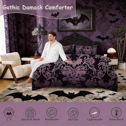 Erosebridal Gothic Damask Bed in a Bag King Size Comforter Set 7 Pieces,Halloween Bat Bedding Sets Purple Victorian Floral Goth Sheet Set with Comforter