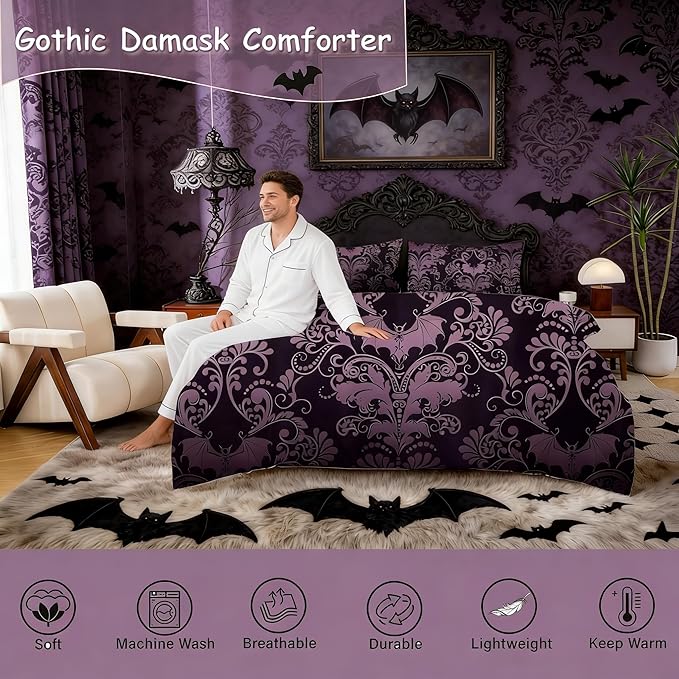 Erosebridal Gothic Damask Comforter Set 7 Piece Bed in a Bag Twin,Halloween Bat Bedding Sets Purple Victorian Floral Goth Sheet Set with Comforter