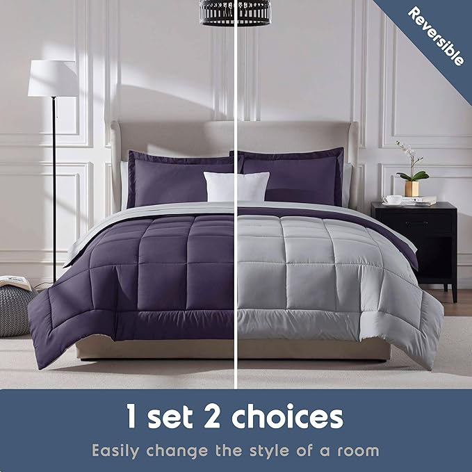 Nestl 7 Piece King Comforter Set – Purple Reversible Bed in a Bag – Complete King Size Bedding Set with Sheets, Pillowcases and Shams