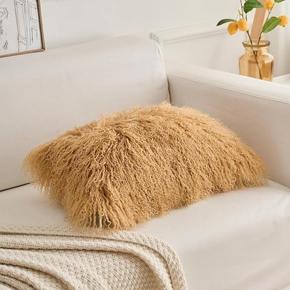 Genuine Mongolian Lamb Fur Pillow Cover – 12"x20" Rectangular Cushion Case – Soft Curly Wool Decorative Accent for Sofa, Bed, or Chair (Toffee)