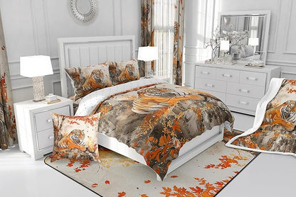 Jungle Tiger Comforter King,Autumn Maple Tree Traditional Chinese Painting Quilt Comforter with 2 Pillowcases,Wildlife Black Orange Stripes Bedding Set Comfortable,Soft and Breathable