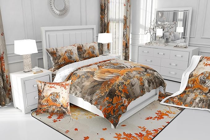 Jungle Tiger Comforter Full,Autumn Maple Tree Traditional Chinese Painting Quilt Comforter with 2 Pillowcases,Wildlife Black Orange Stripes Bedding Set Comfortable,Soft and Breathable