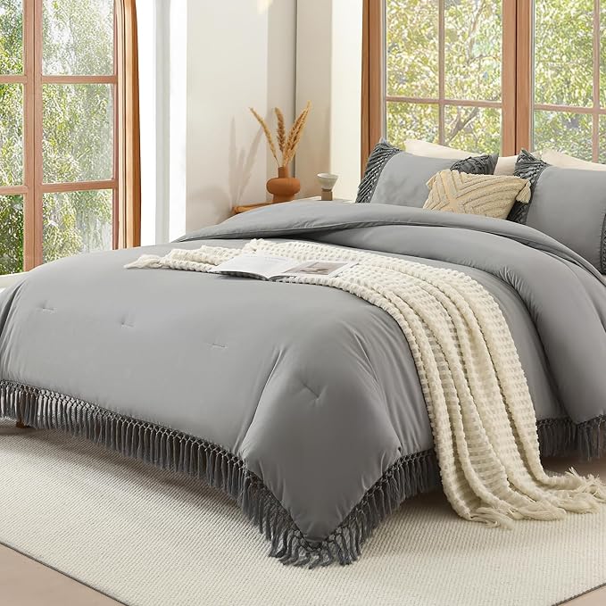 Andency Comforter Full Size Set Medium Grey, Boho Lightweight Vintage Soft Bedding Comforter Sets, 3 Pieces Bed Set (79x90In Comforter & 2 Pillowcases)