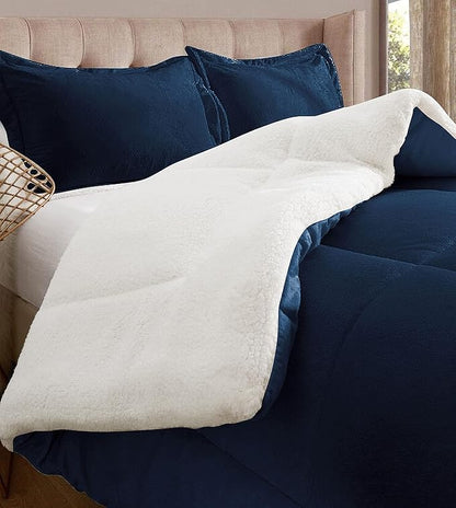 Elegant Comfort Super Soft Sherpa Comforter 3-Piece Set Premium Quality, Heavy Weight Reversible Down Alternative Micro-Suede, Sherpa Comforter, Cal King, Midnight Navy