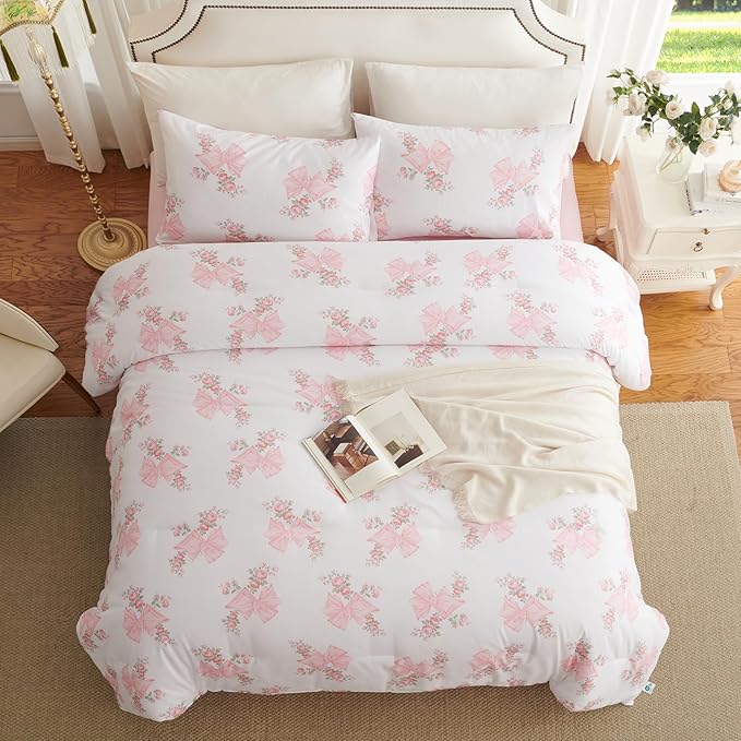 Nayoroom Pink Bow Comforter Set Full Size Pink Floral Bed Comforter for Girls 3 Pieces Soft Lightweight Kids Cute Coquette Bedding Set for All Seasons