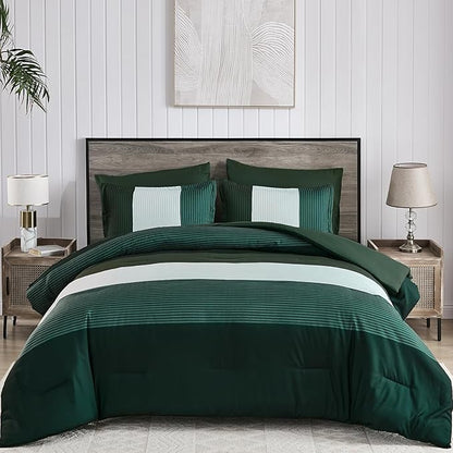 Anibedding Dark Green King Size Comforter Set, 7 Piece Green Striped Bed in a Bag, Soft Microfiber All Season Bedding Set with Comforter, Sheets, Pillowcases & Shams