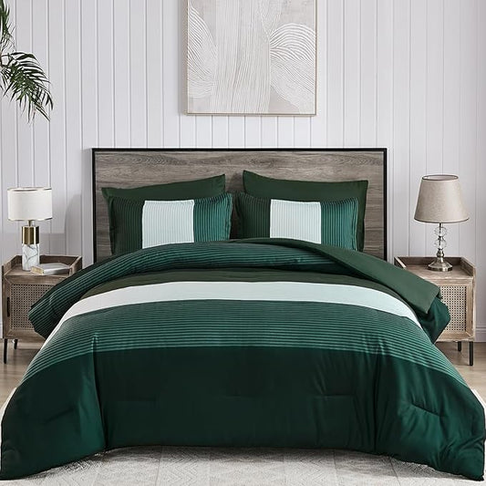 Anibedding Dark Green King Size Comforter Set, 7 Piece Green Striped Bed in a Bag, Soft Microfiber All Season Bedding Set with Comforter, Sheets, Pillowcases & Shams