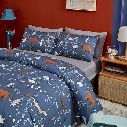 CLOTHKNOW Kids Comforter Sets Twin Navy Blue Animal Woodland Bedding Comforter Sets Cartoon Forest Fox Rabbit Comforter with 2 x Pillow Cases