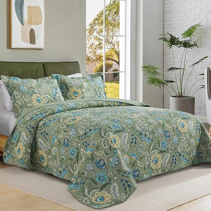 BEDIFANY Farmhouse King Quilt Bedding Set - Cotton Lightweight Bedspread with Floral Pattern, 98x106 Inch All Season Coverlet Set, 3 Piece (Quilt + 2 Pillow Shams)