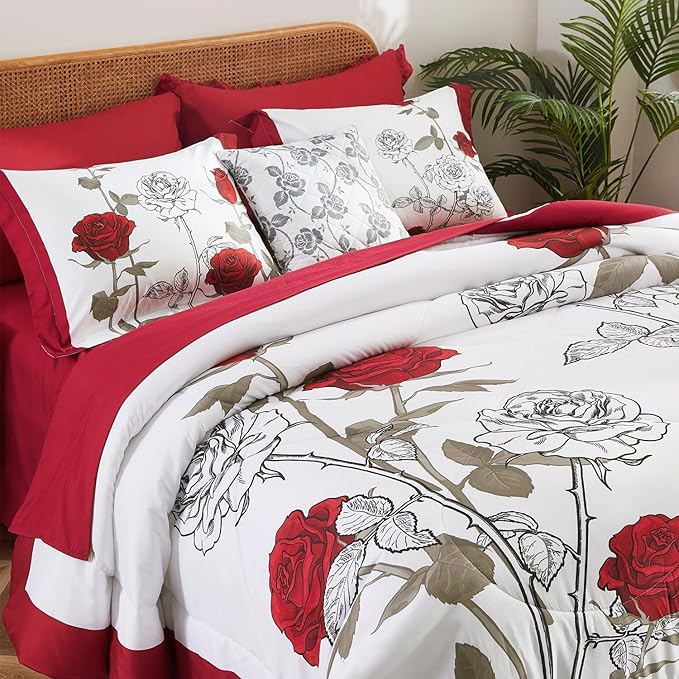 EVENHUG King Size Comforter Set 7 Pieces Red Rose Floral Bedding Sets for All Season Bed in a Bag with Flowers Comforter and Flat Sheet, Fitted Sheet, Pillowcases (104"x90")