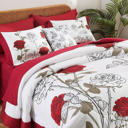 EVENHUG King Size Comforter Set 7 Pieces Red Rose Floral Bedding Sets for All Season Bed in a Bag with Flowers Comforter and Flat Sheet, Fitted Sheet, Pillowcases (104"x90")
