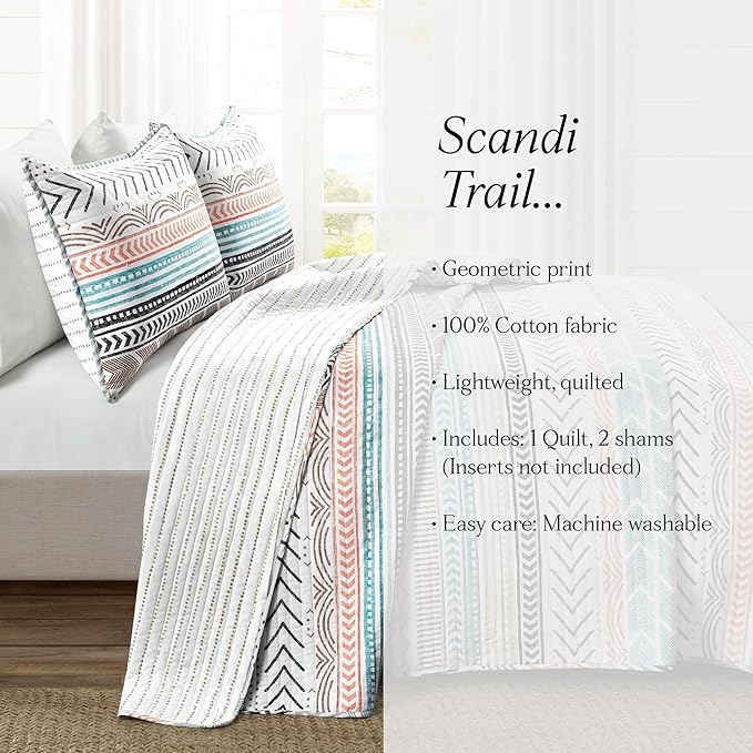 Lush Decor Hygge Geo Pattern Striped 3 Piece Quilt Bedding Set, King, Neutral & Multicolored