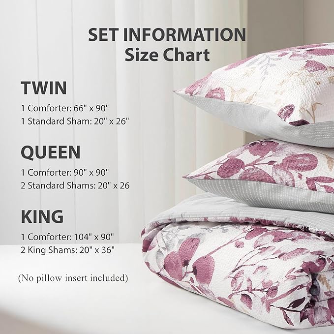 Lightweight Seersucker Botanical Comforter Set Twin Size, 2 Pieces Reversible Design with Striped Print, Premium Microfiber Bedding Set, Comforter and Sham Set, Plum/Grey