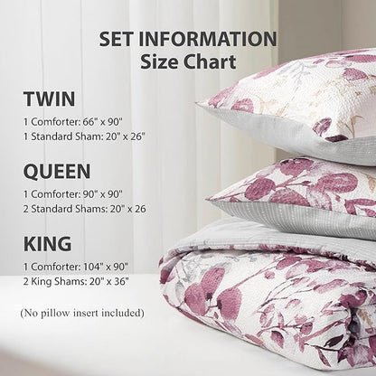 Lightweight Seersucker Botanical Comforter Set King Size, 3 Pieces Reversible Design with Striped Print, Premium Microfiber Bedding Set, Comforter and Sham Set, Plum/Grey